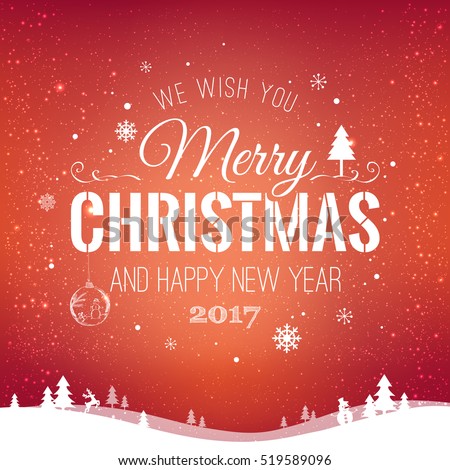 Christmas and New Year Typographical on shiny Xmas background with winter landscape with snowflakes, light, stars. Merry Christmas card. Vector Illustration