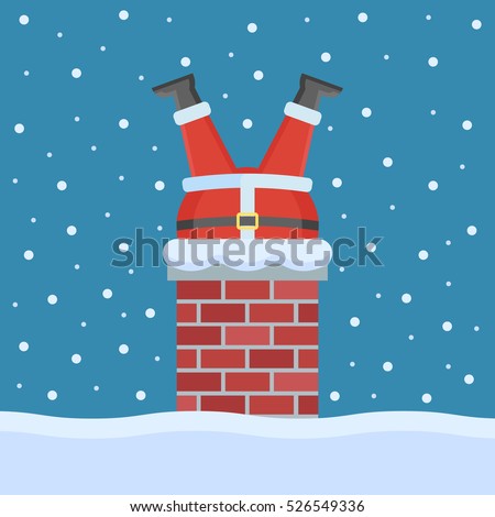 Santa Claus stuck in the chimney on the roof. Christmas flat style vector illustration.