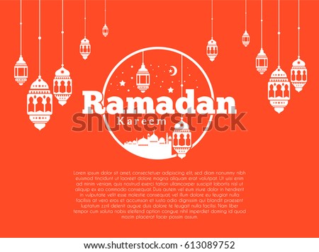 Ramadan Kareem Greeting card Calligraphy with Traditional lantern and Mosque. Vector Illustration.