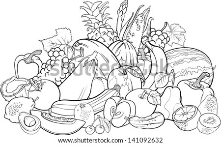 Black And White Cartoon Illustration Of Fruits Vegetables Big Group Food Design For Coloring Book