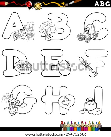 Black And White Cartoon Illustration Of Capital Letters Alphabet With Objects For Children Education From A
