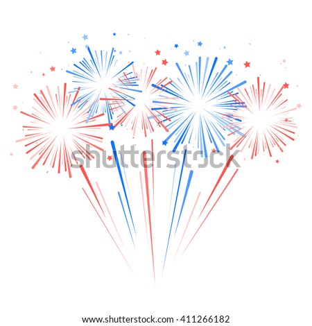 Fireworks and stars in national American colors. Vector illustration isolated on white background