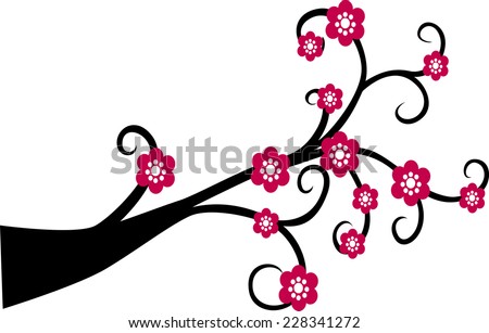 Decorative Branch Tree Silhouette Red Flower Stock Vector (Royalty Free