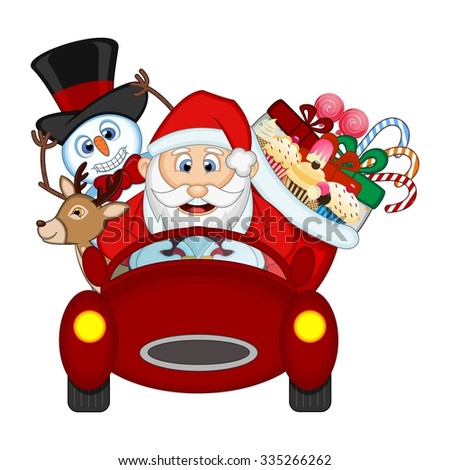 Santa Claus Driving a Red Car Along With Reindeer, Snowman And Brings Many Gifts Vector Illustration