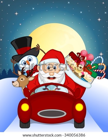 Santa Claus Driving a Red Car Along With Reindeer, Snowman And Brings Many Gifts With Full Moon At Night Background For Your Design Vector Illustration