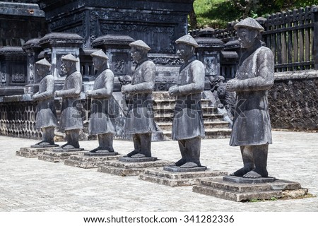 Statues of warriors in Imperial Khai Dinh Tomb in Hue, Vietnam