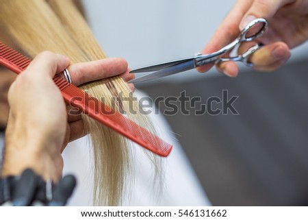 Hairdresser is cutting long hair