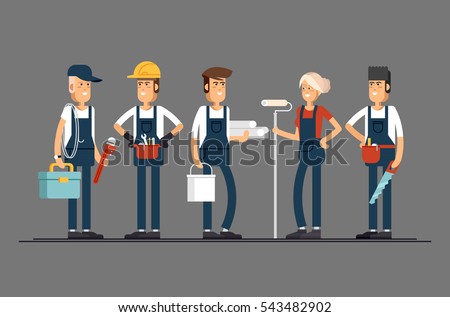 Construction team characters such as painter, electrician, carpenter, plumber, engineer. Group of construction workers building a house and friendly smiling. Civil engineer, architect