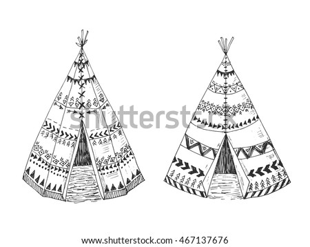 Illustration of the North American Indian tipi home with tribal ornament hand drawn with ink. Front view. Authentic tepee wigwam perfect for card making or wedding ivitation.