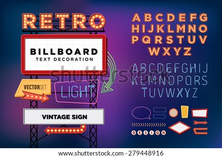 Vector set Retro neon sign, vintage billboard, bright signboard, light banner