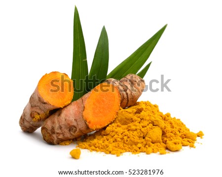 Turmeric roots and powder isolated on white background