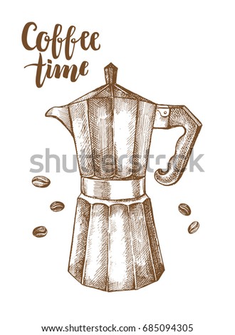 Traditional Italian Coffee Maker And Beans Old Fashioned Moka Pot Vector Ink Traditional Italian Coffee Maker And Beans Old Fashioned Moka Pot Vector Ink