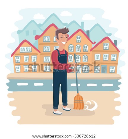 Vector funny illustration of Street Sweeper at Work, street cleaner, public sector worker. Town landscape