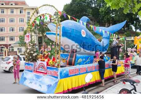 Tuyen Quang, Vietnam September 10, 2016: The giant lanterns homemade associated with the symbol of the fairy tales and legends of the Mid-Autumn Festival (full moon night in August) in Vietnam
