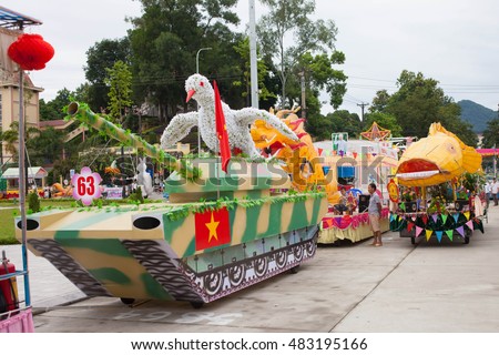 Tuyen Quang, Vietnam September 10, 2016: The giant lanterns homemade associated with the symbol of the fairy tales and legends of the Mid-Autumn Festival (full moon night in August) in Vietnam