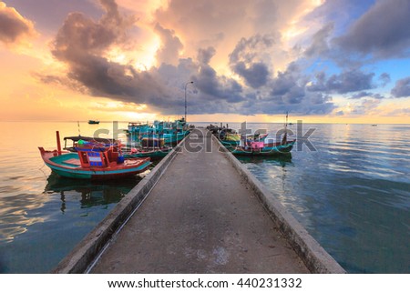 Phu Quoc island, Kien Giang province, Vietnam - May 03, 2016: Dawn at pier in fishing village - Phu Quoc island, Vietnam