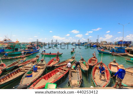 Phu Quoc island, Kien Giang province, Vietnam - May 02, 2016: People's daily life at the fishing village at port on Phu Quoc island, Traditional boats fishmen's on Phu Quoc island