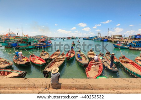Phu Quoc island, Kien Giang province, Vietnam - May 02, 2016: People's daily life at the fishing village at port on Phu Quoc island, Traditional boats fishmen's on Phu Quoc island