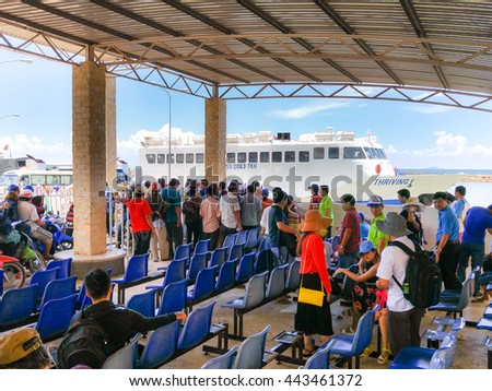 Ha Tien Town, Kien Giang province, VietNam - May 03, 2016 : ThachThoi large ferries: passengers are queuing to get on the ferry to travel to Phu Quoc Island. The ferry transports thousands passengers