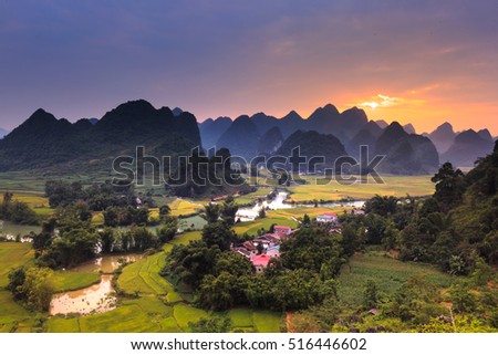 Magical sunset on the area near mountain Phong Nam, Cao Bang province, Vietnam