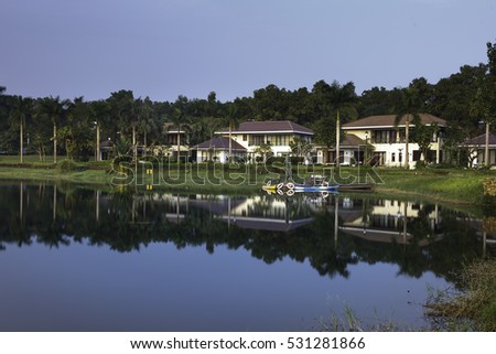 Flamingo Dai Lai, Vinh Phuc province, Vietnam - October 11, 2016 : reflection of villa in the lake at Flamingo Dai Lai resort of Vinh Phuc Province, Vietnam