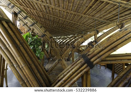 Flamingo Dai Lai resort, Vinh Phuc province, Vietnam - October 12, 2016 : luxurious restaurant made entirely of bamboo materials. Designed in contemporary style at Vinh Phuc Province, Vietnam