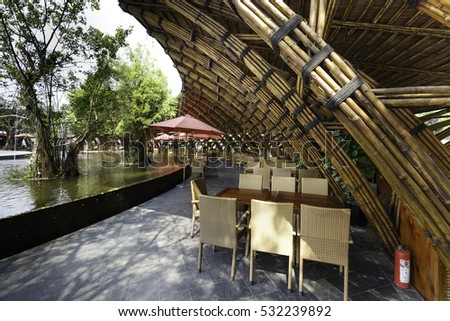 Flamingo Dai Lai resort, Vinh Phuc province, Vietnam - October 12, 2016 : luxurious restaurant made entirely of bamboo materials. Designed in contemporary style at Vinh Phuc Province, Vietnam