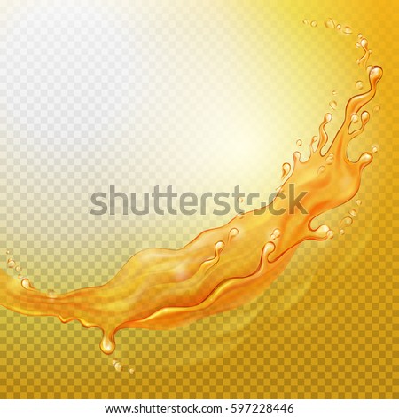 Transparent orange liquid splash. Juice background. Water, honey, butter, juice, beer, shampoo. Vector illustration.