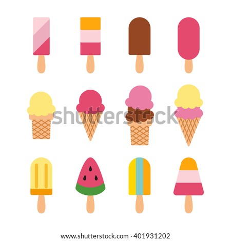 Ice creams isolated on white background. Chocolate, Vanilla, Ice cream cone. Ice cream on stick. Watermelon on stick