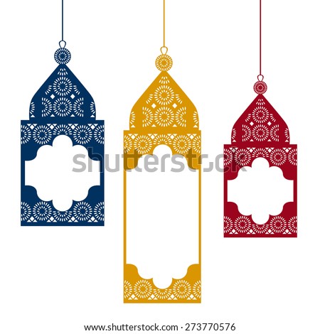 Colored hanging traditional arabic lamps. Vector illustration.