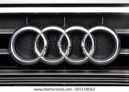 PRAGUE, THE CZECH REPUBLIC, 02.08.2015 - detail of logo Audi in car store in Prague