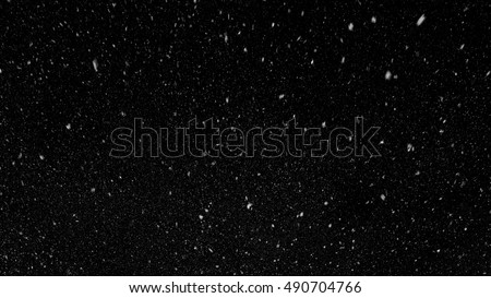 Falling down in slow motion real snowflakes from top to bottom calm snow, shot on black background, matte, wide angle, ed animation, isolated, perfect for digital composition