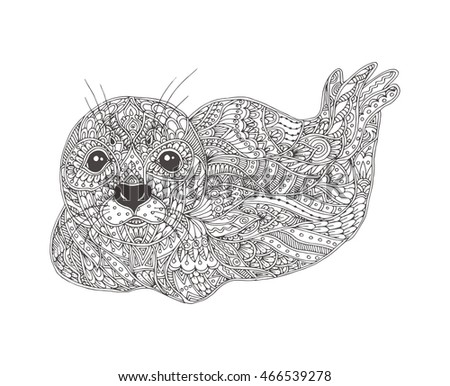 Hand Drawn Seal With Ethnic Floral Doodle Pattern Coloring Page