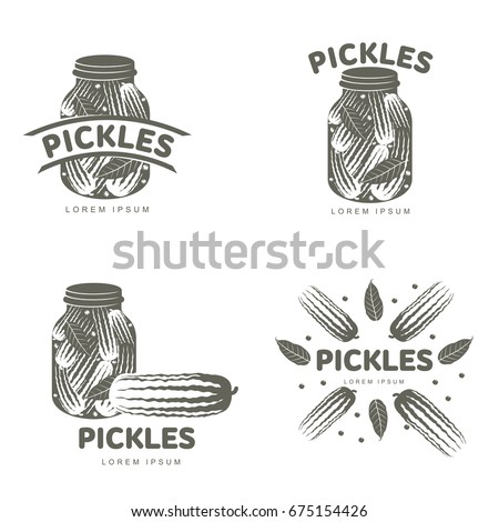 Pickles logo set for your design. Home canning, glass jar, pickle, cucumber, marinade, black peppercorn, bay leaf, brine. Pickles badges, labels. Vector illustration isolated on white background