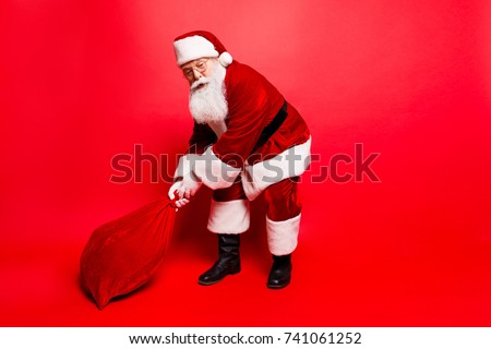 Holly jolly x mas festive noel miracles and magic time! Funny santa in headwear, costume, black belt, white gloves brings a lot of gifts for kids, ready, prepared, sale promotion concept