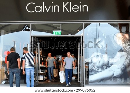 London, UK - June 14, 2015: Detail of the entrance to a Calvin Klein shop. Calvin Klein is a famous American fashion designer for men, women and children apparel, sportswear, etc.