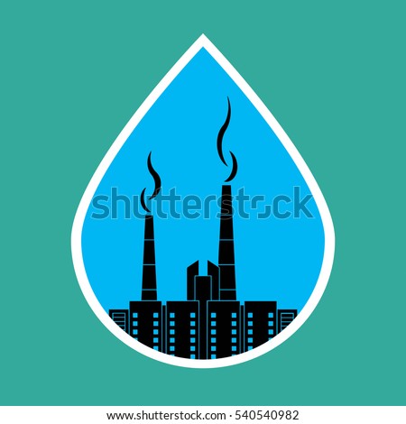 Environmental pollution, ecology concept. Tube with smoke over the city in a drop of water. Bitmap copy.