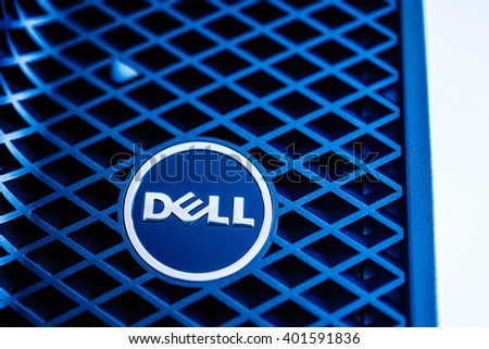 LONDON, UNITED KINGDOM - JUNE 30, 2014: Dell Computers logo on a powerful workstation, as seen on Jun 30, 2014. Dell workstations machines come configured as tower, rack-mounted or notebooks