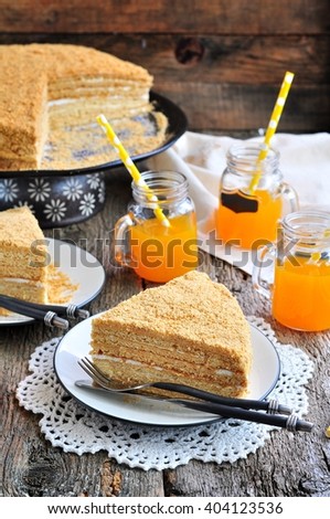Homemade Honey Cake On A Wooden Table Rustic Style Homemade Honey Cake On A Wooden Table Rustic Style