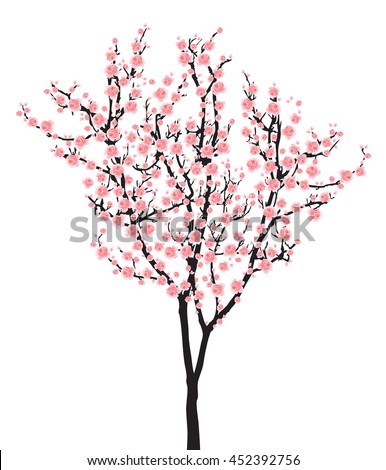 One full bloom pink sakura tree (Cherry blossom) isolated on white.
Pastel flower on black plant bark vector.
Spring flora garden icon.