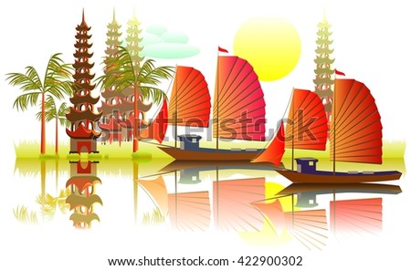 Illustration of fantasy Asian landscape, vector cartoon image.