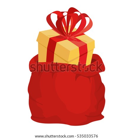 Santa bag with gift. Red big Christmas sack. box with bow
