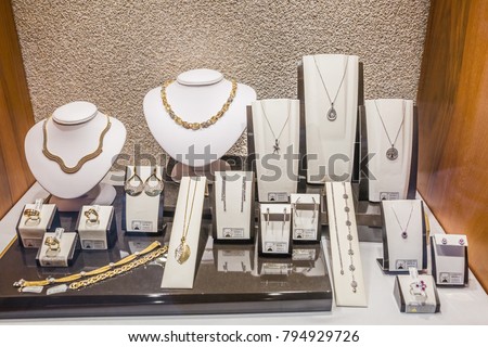 GEMONA, ITALY - NOVEMBER, 2017: view of designers jewels shop-window of jeweller's store in Gemona Friuli-Venezia Giulia, Italy