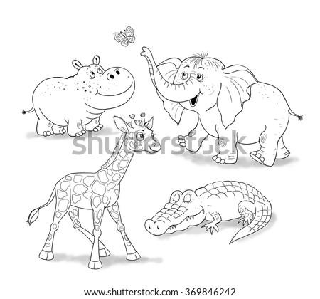Small Set Of Baby African Animals Cute Giraffe Elephant Crocodile And Hippo