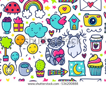 Doodles Cute Seamless Pattern Color Vector Background Illustration With Hearts And Flowers Animals