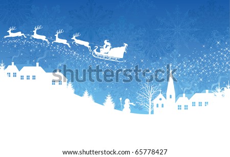 Silhouette of a woman santa on a sledge harnessed by magic deers flying over a village on the blue background.