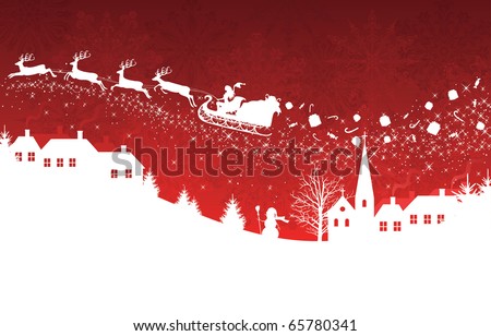 Silhouette of a woman santa on a sledge harnessed by magic deers flying over a village with gifts flying off on the red background.