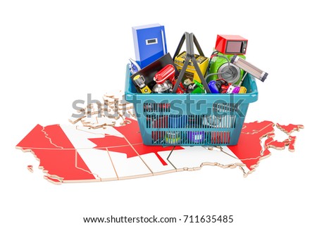 map of canada with shopping basket full of home and kitchen appliances 3d rendering