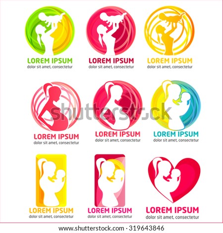 set of modern vector logos of motherhood. pregnancy logo. woman with a baby logo. silhouette pregnant woman illustration, silhouette woman with child illustration