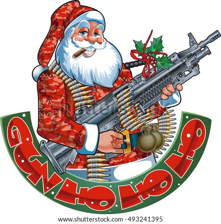 Santa Claus Holding Machine Gun Banner Stock Vector 493241395